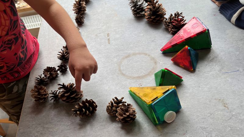 Barn undersöker kottar.